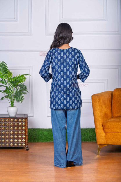 Saanjh Short Hand Printed Cotton Kurti - navy-blue