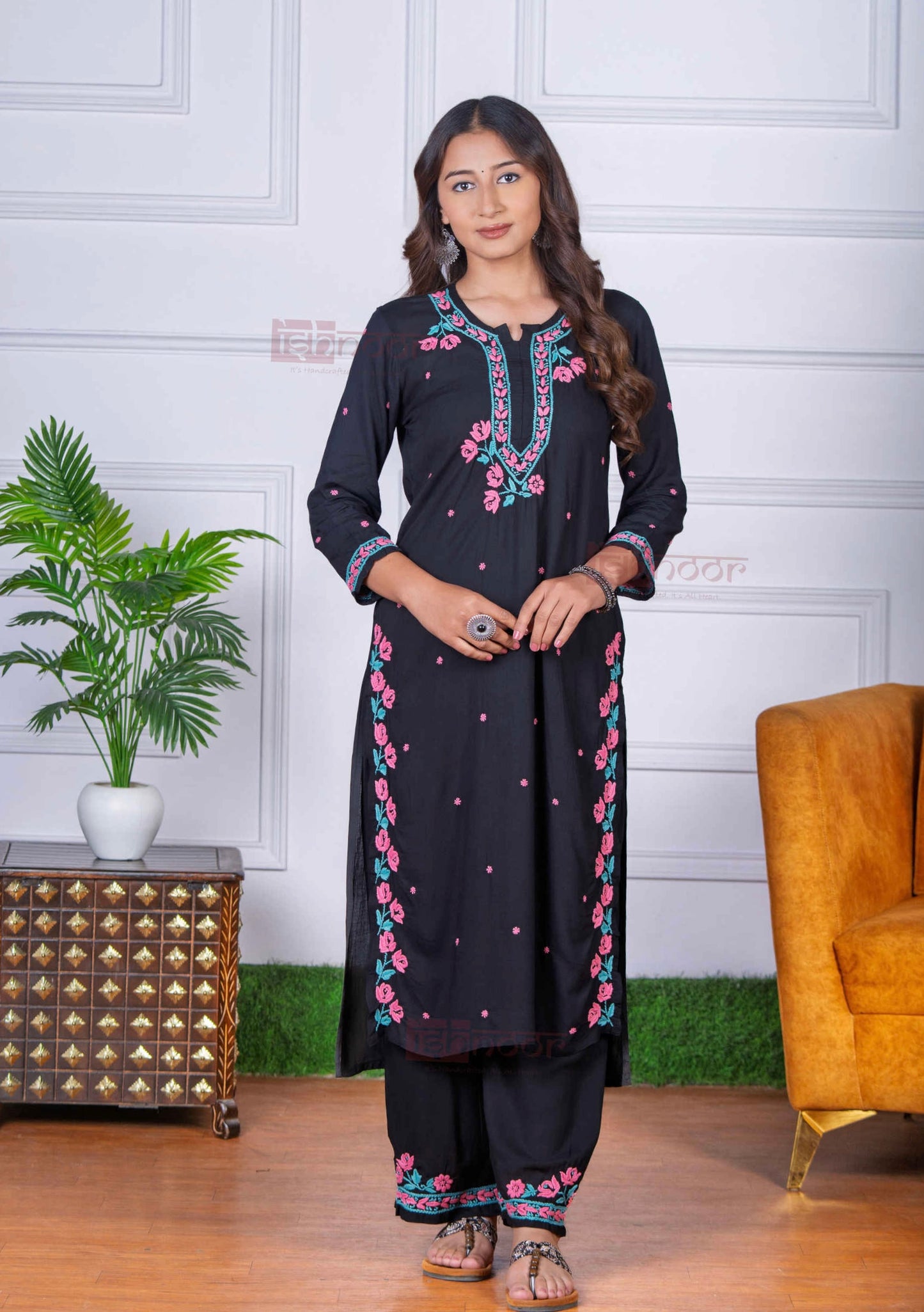 Aayat Modal Multi Color Chikankari Kurta Plazzo Set - black