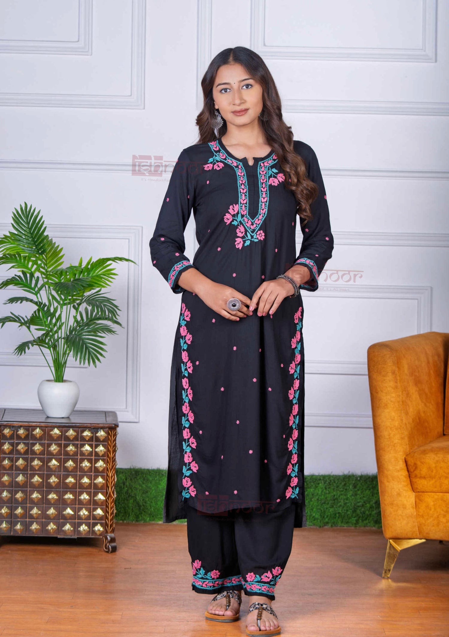 Aayat Modal Multi Color Chikankari Kurta Plazzo Set - black