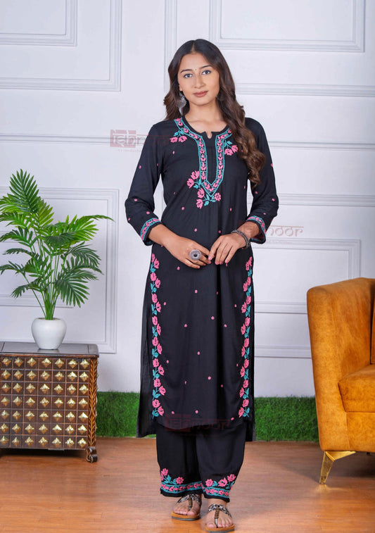 Aayat Modal Multi Color Chikankari Kurta Plazzo Set - black