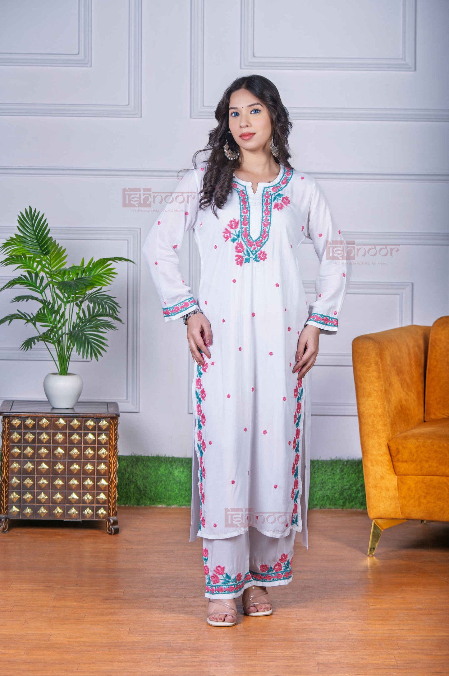 Aayat Modal Multi Color Chikankari Kurta Plazzo Set - white
