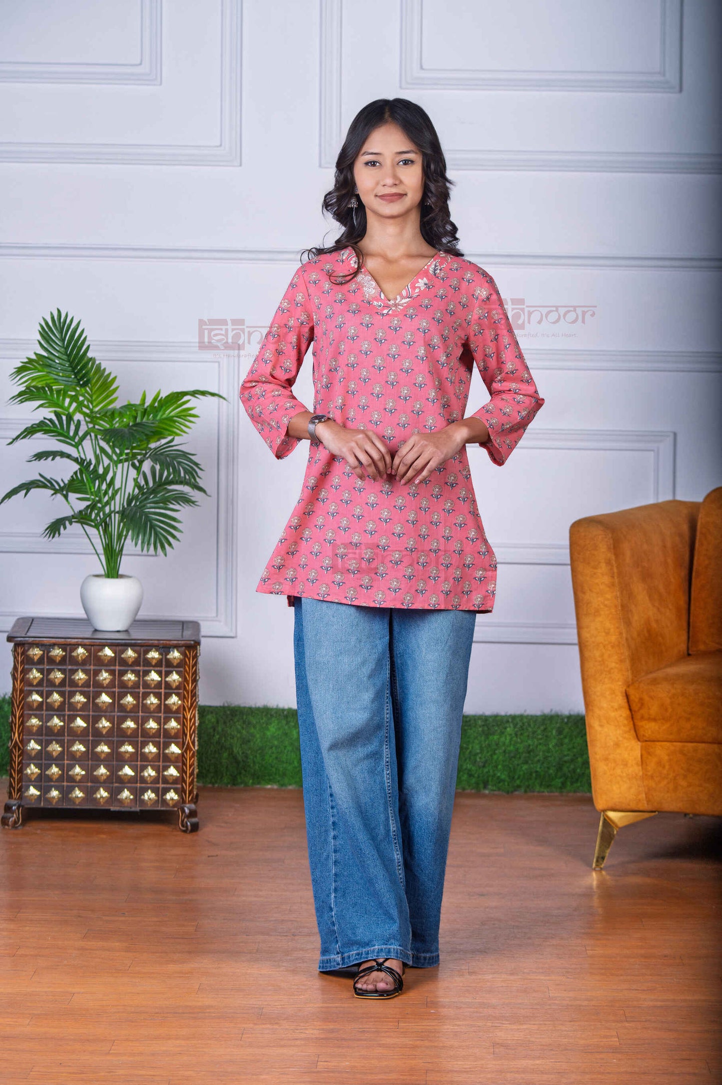 Saanjh Short Hand Printed Cotton Kurti - blush-pink