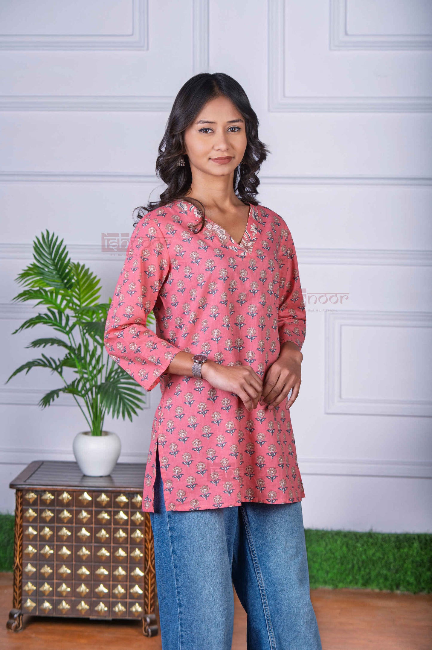 Saanjh Short Hand Printed Cotton Kurti - blush-pink