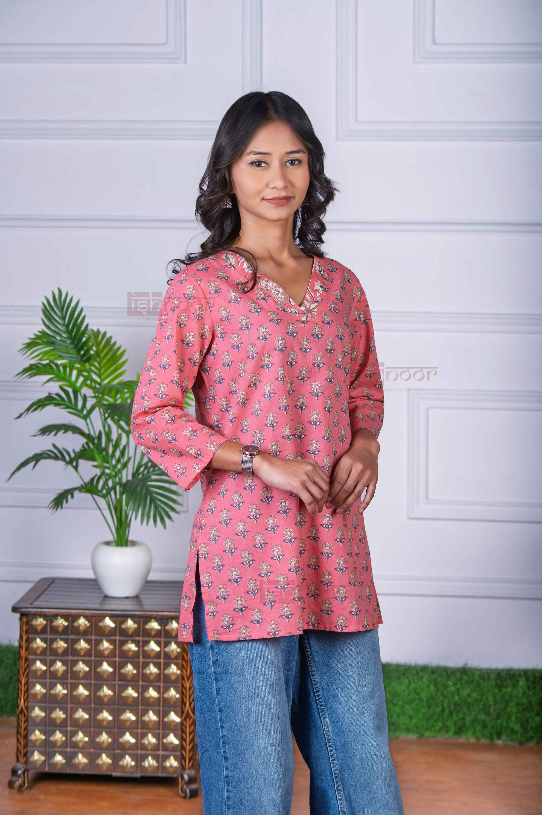 Saanjh Short Hand Printed Cotton Kurti - blush-pink