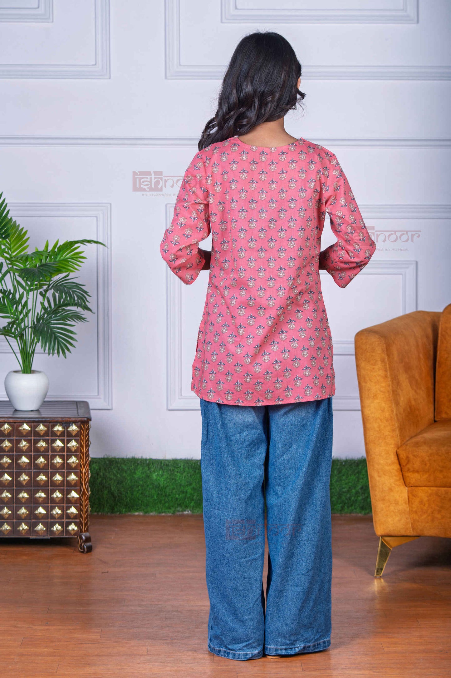 Saanjh Short Hand Printed Cotton Kurti - blush-pink
