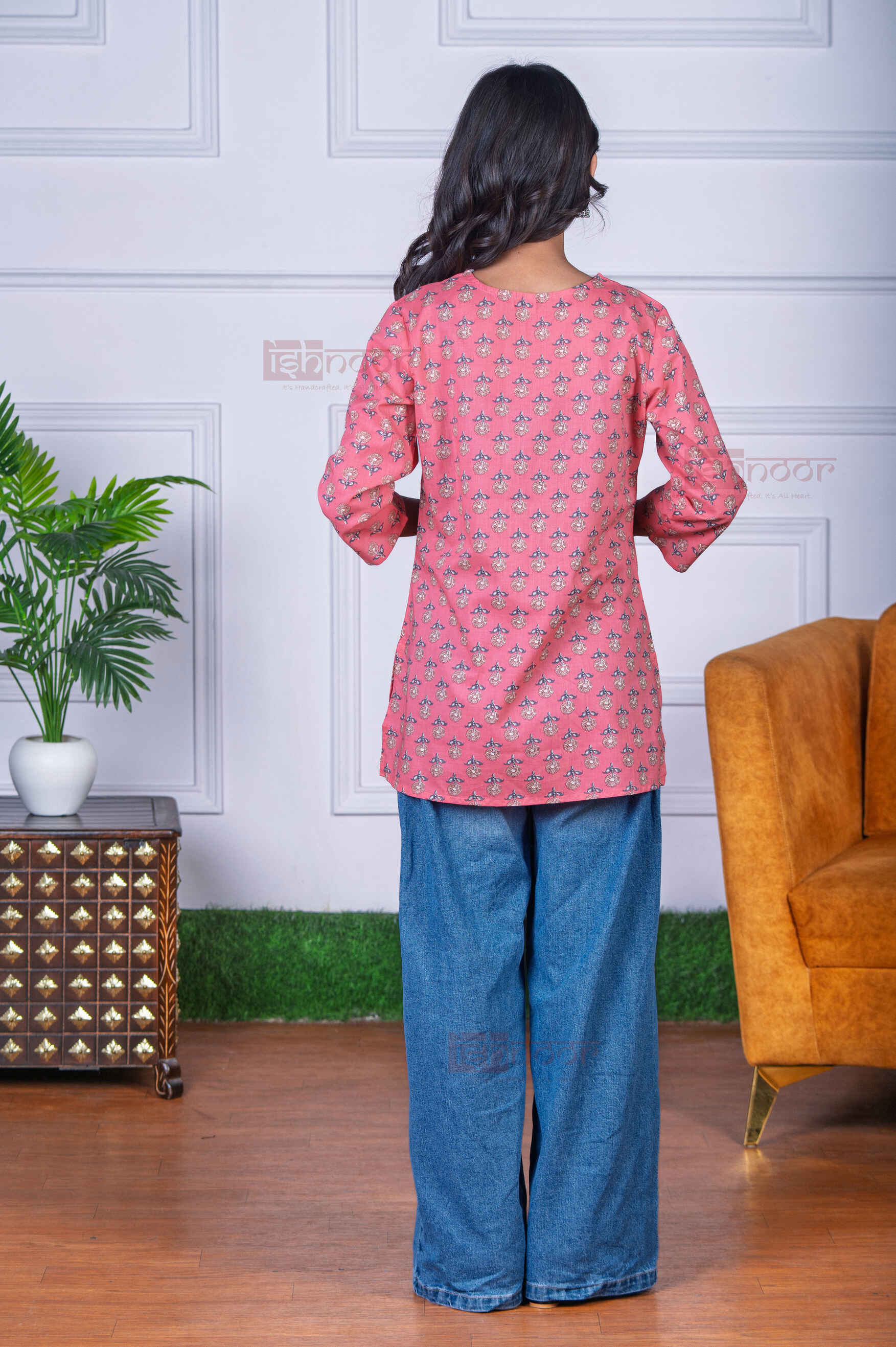 Saanjh Short Hand Printed Cotton Kurti - blush-pink