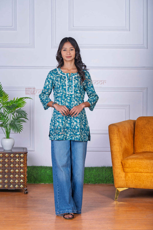 Saanjh Short Hand Printed Cotton Kurti - mint-green