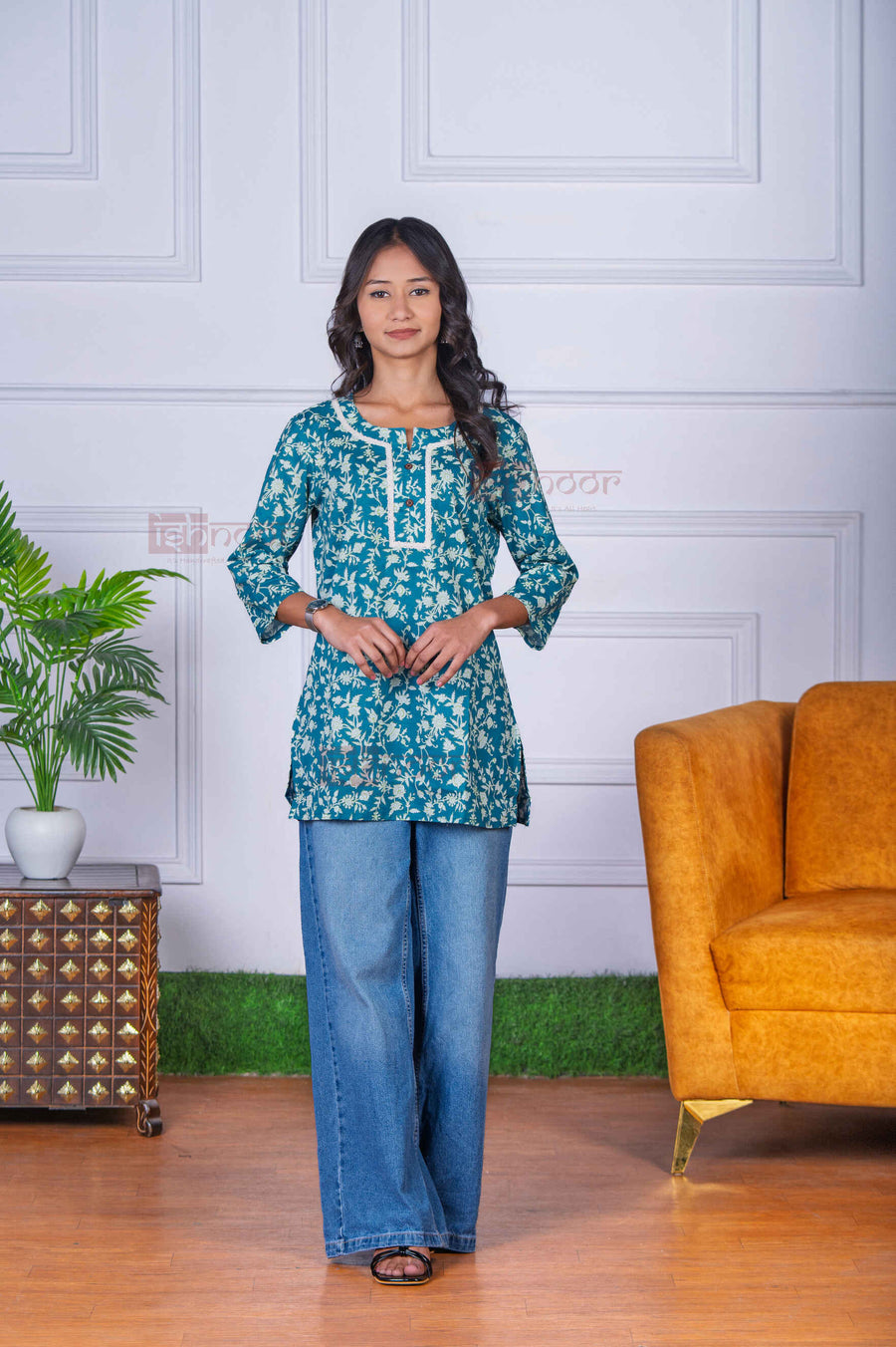 Saanjh Short Hand Printed Cotton Kurti - mint-green