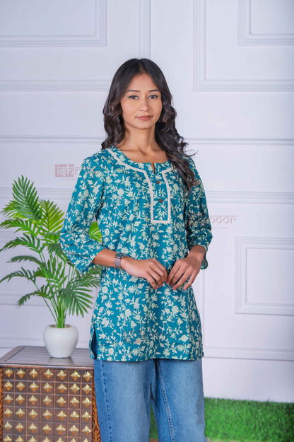 Saanjh Short Hand Printed Cotton Kurti - mint-green