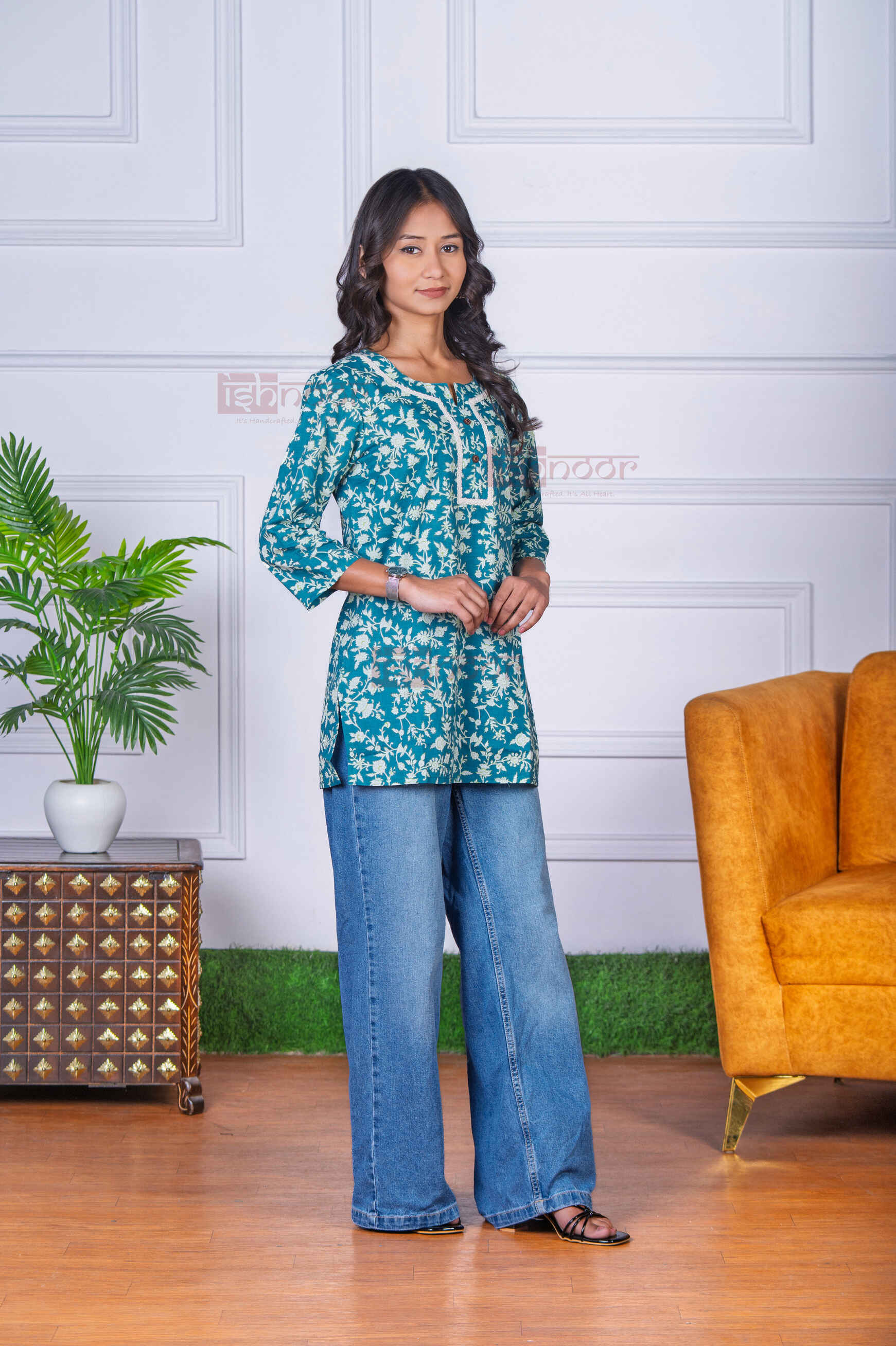 Saanjh Short Hand Printed Cotton Kurti - mint-green