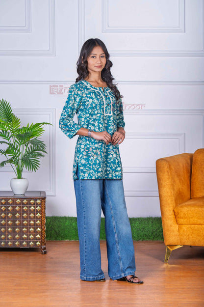 Saanjh Short Hand Printed Cotton Kurti - mint-green