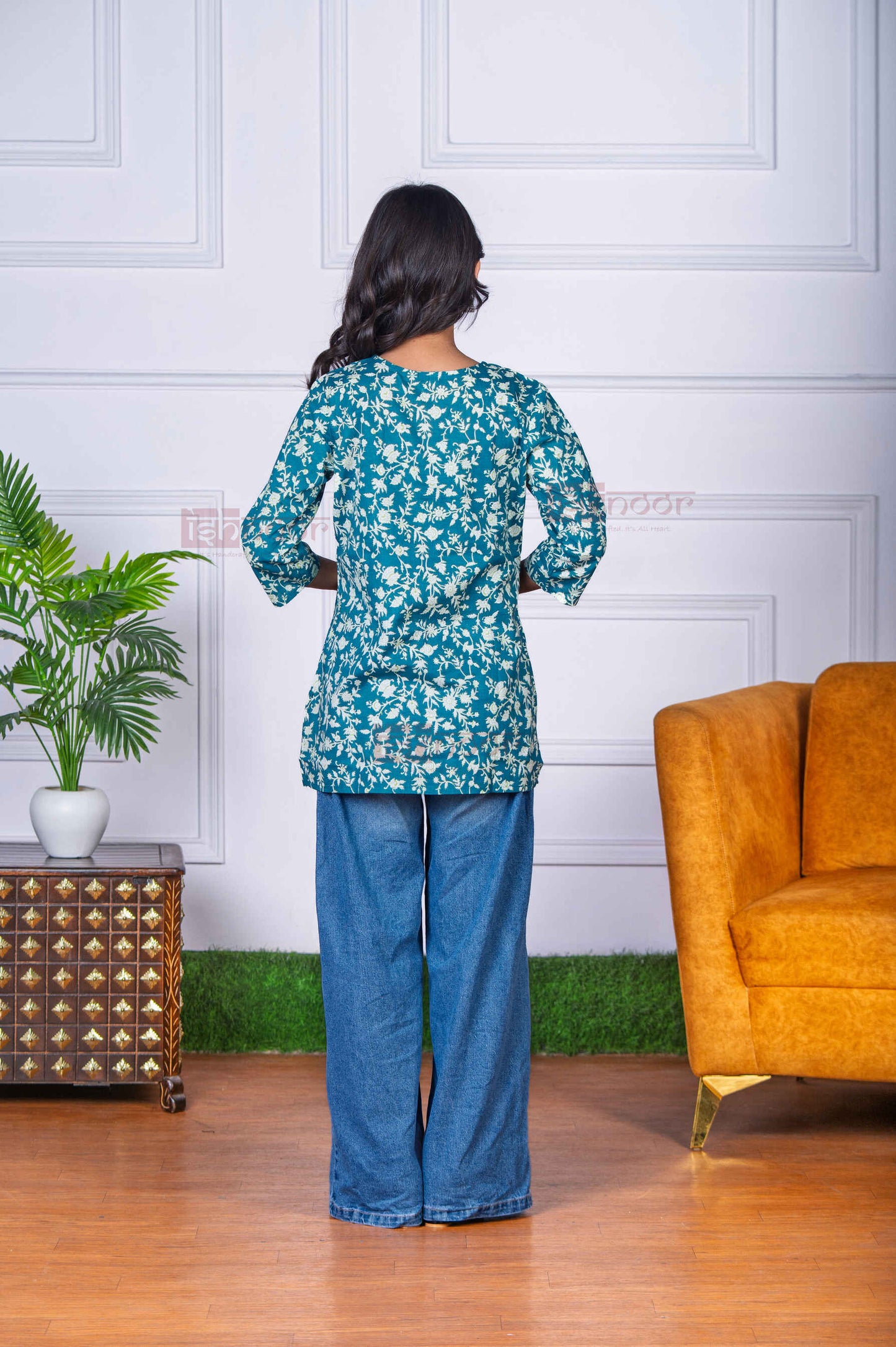 Saanjh Short Hand Printed Cotton Kurti - mint-green
