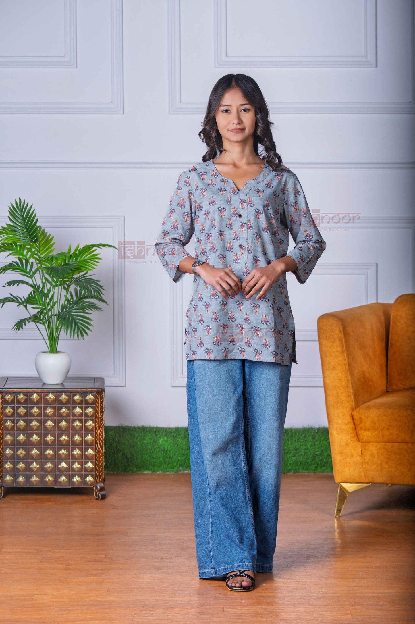 Saanjh Short Hand Printed Cotton Kurti - slate-blue