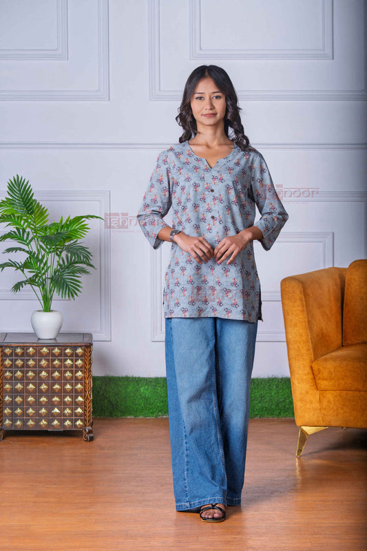 Saanjh Short Hand Printed Cotton Kurti - slate-blue