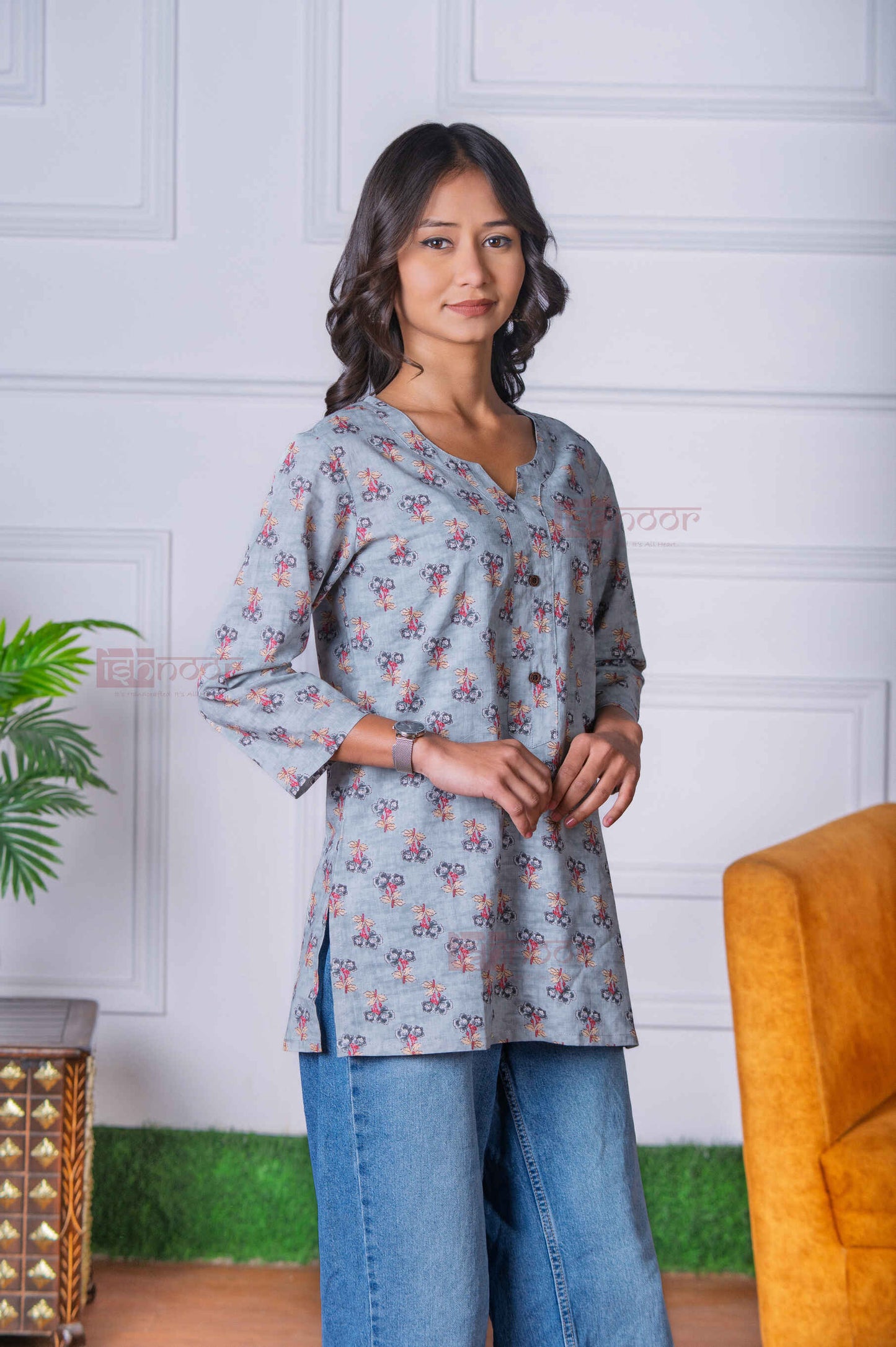 Saanjh Short Hand Printed Cotton Kurti - slate-blue