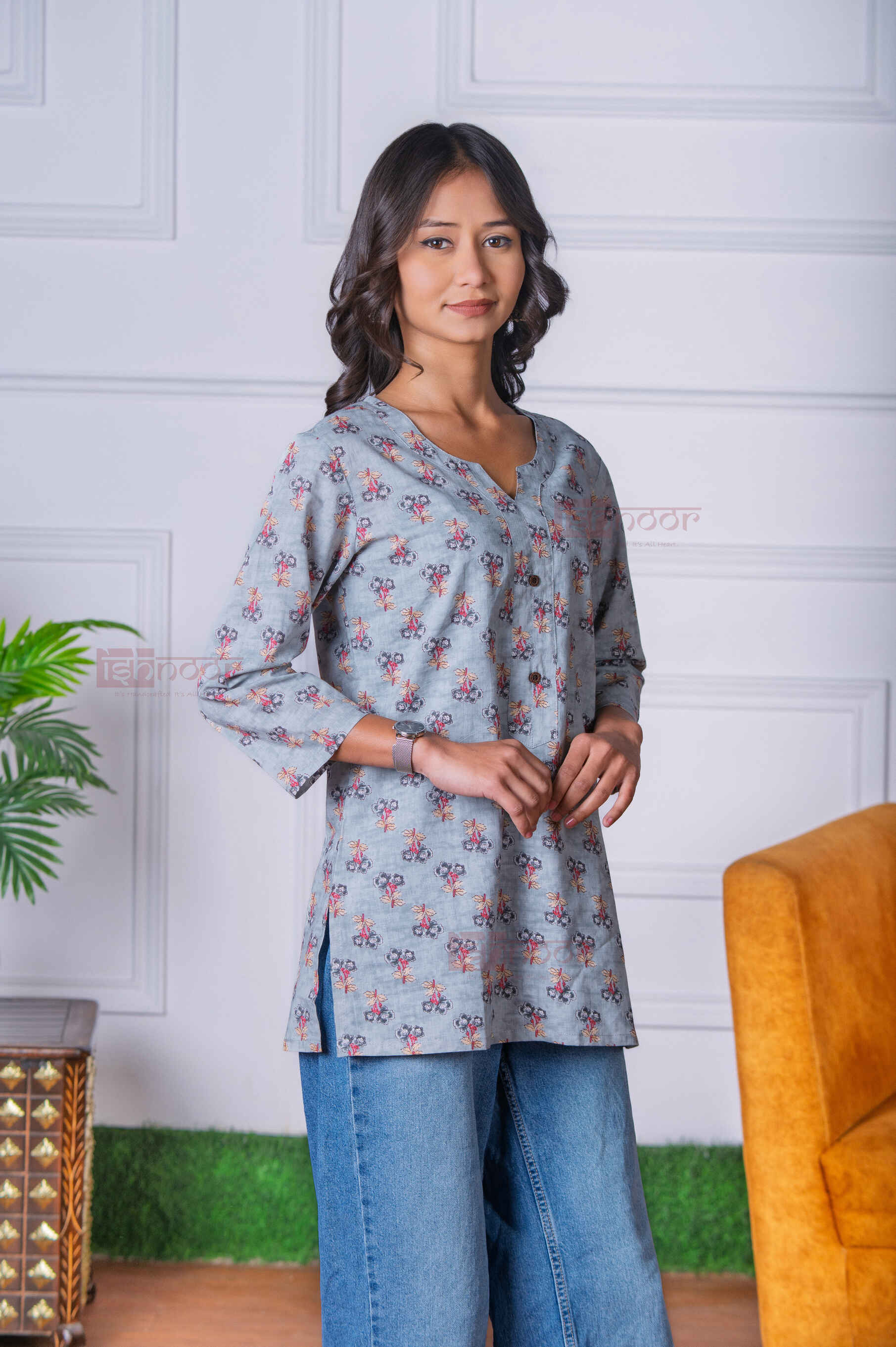 Saanjh Short Hand Printed Cotton Kurti - slate-blue