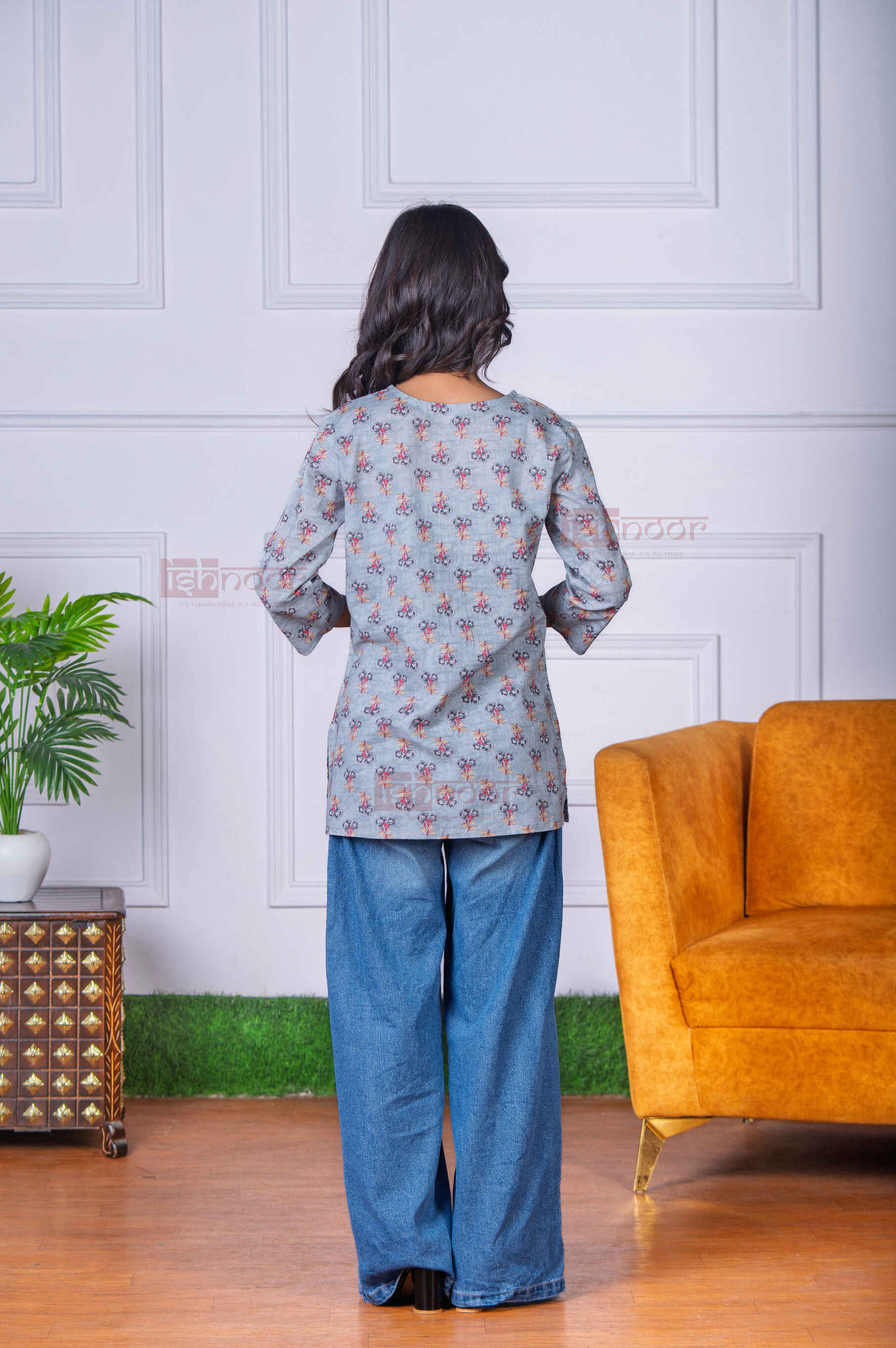 Saanjh Short Hand Printed Cotton Kurti - slate-blue