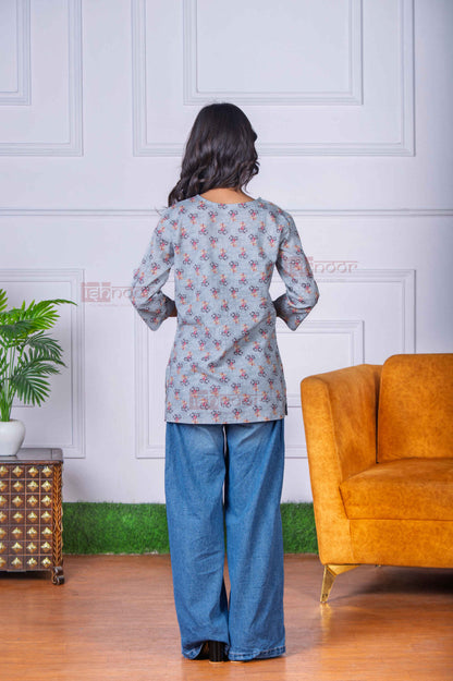 Saanjh Short Hand Printed Cotton Kurti - slate-blue