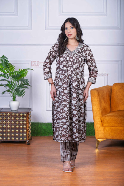 Saanjh 3 Piece Stitched Suit Set with Dupatta 7 - brown