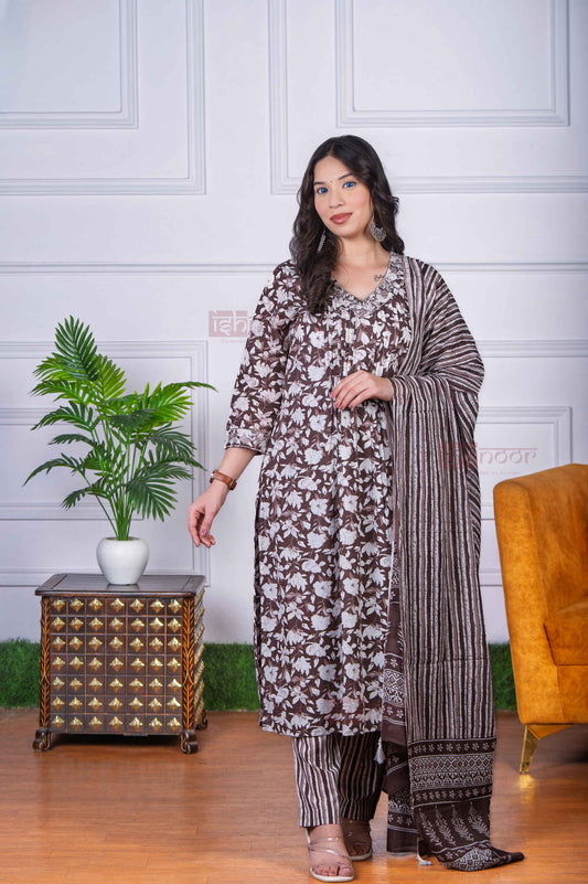 Saanjh 3 Piece Stitched Suit Set with Dupatta 7 - brown