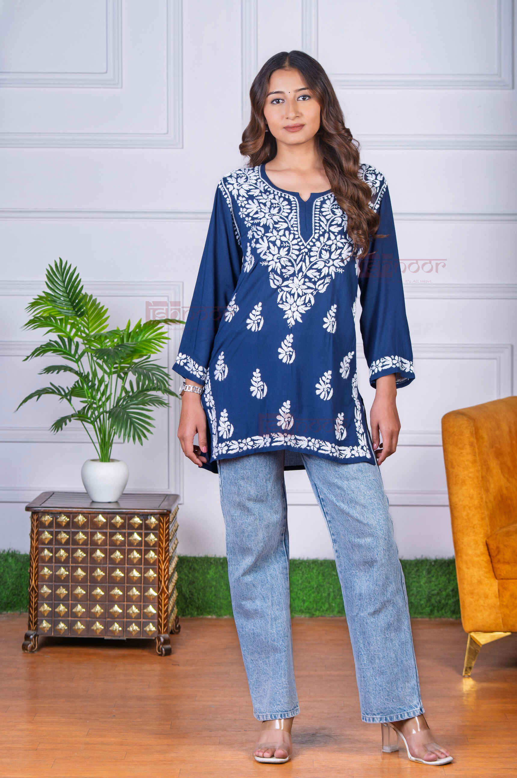 Aayat Modal Short Chikankari Kurti - navy-blue