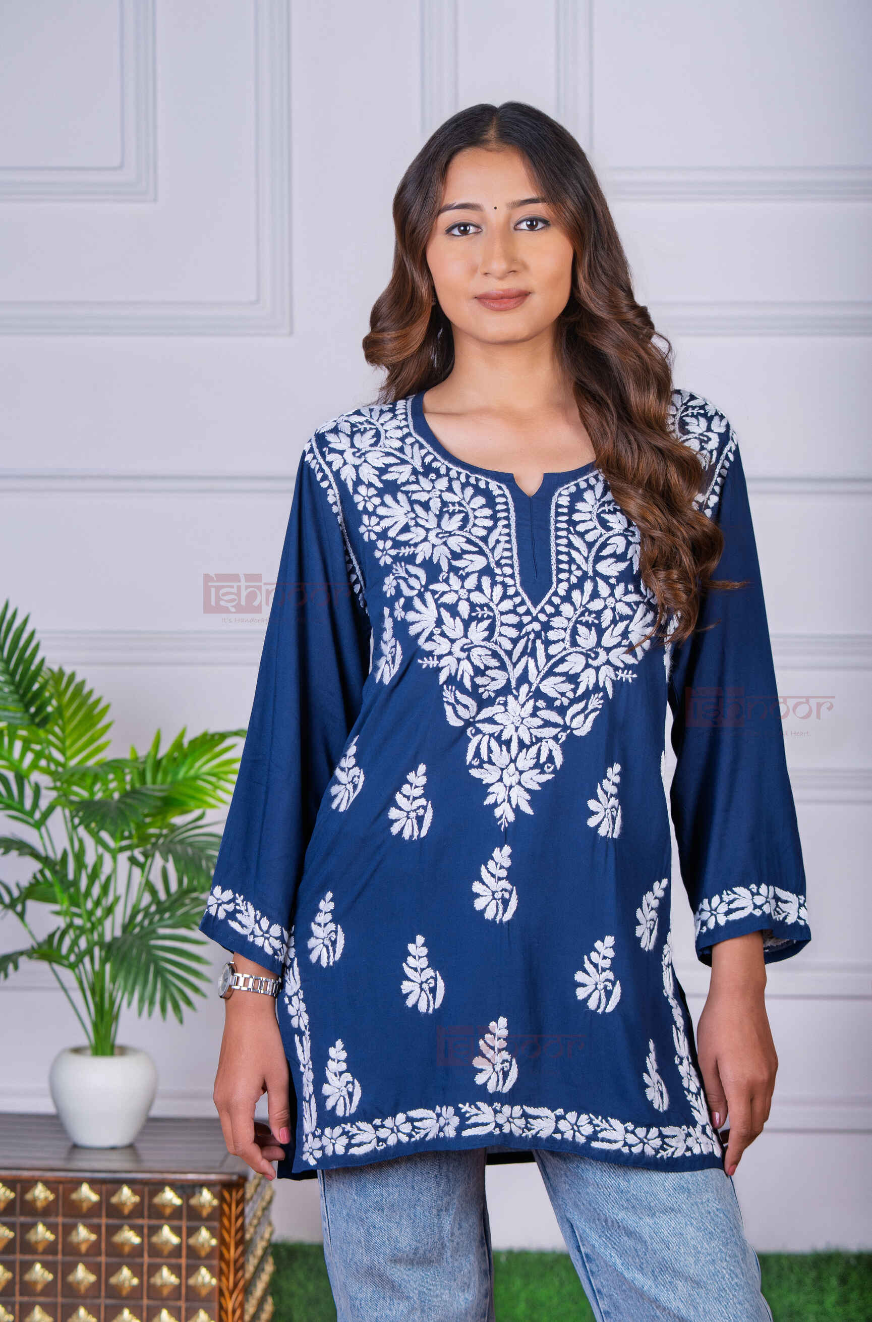 Aayat Modal Short Chikankari Kurti - navy-blue