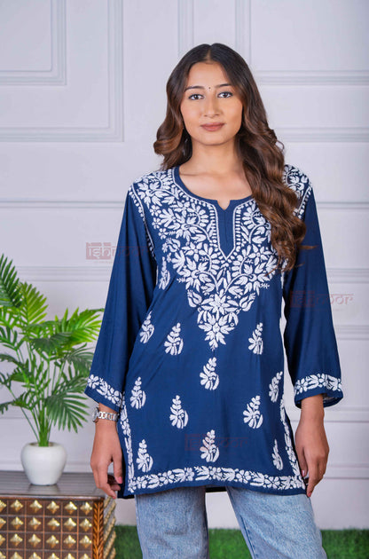 Aayat Modal Short Chikankari Kurti - navy-blue