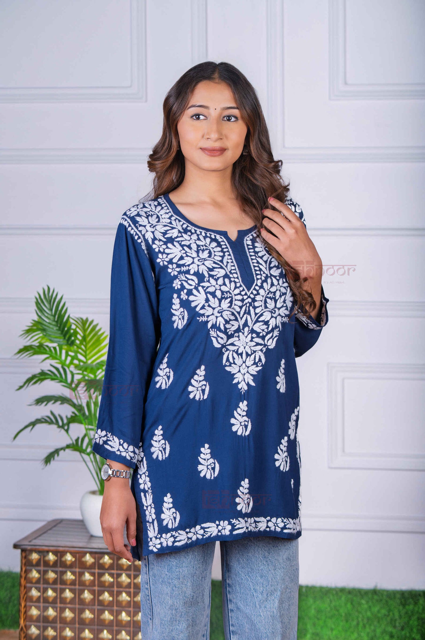 Aayat Modal Short Chikankari Kurti - navy-blue