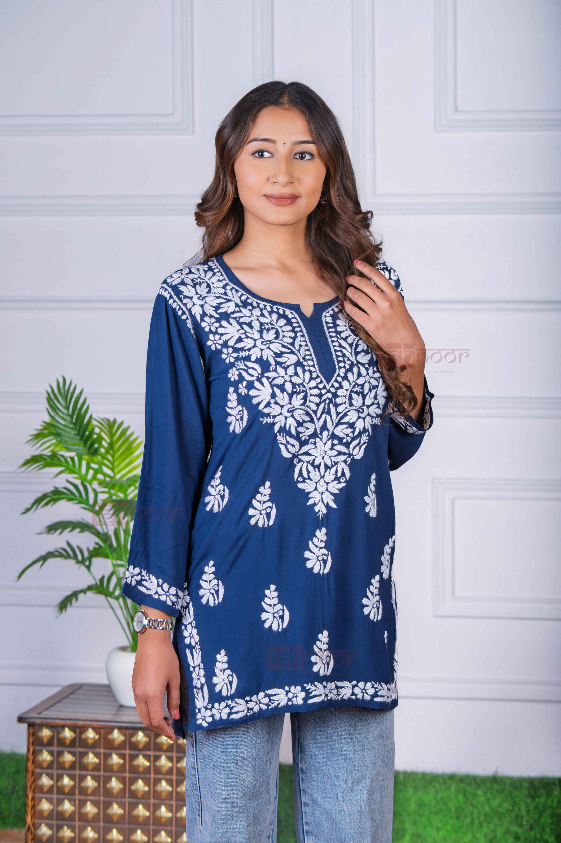Aayat Modal Short Chikankari Kurti - navy-blue