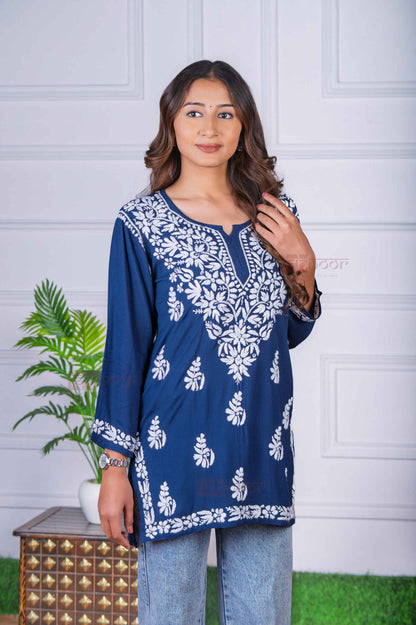 Aayat Modal Short Chikankari Kurti - navy-blue