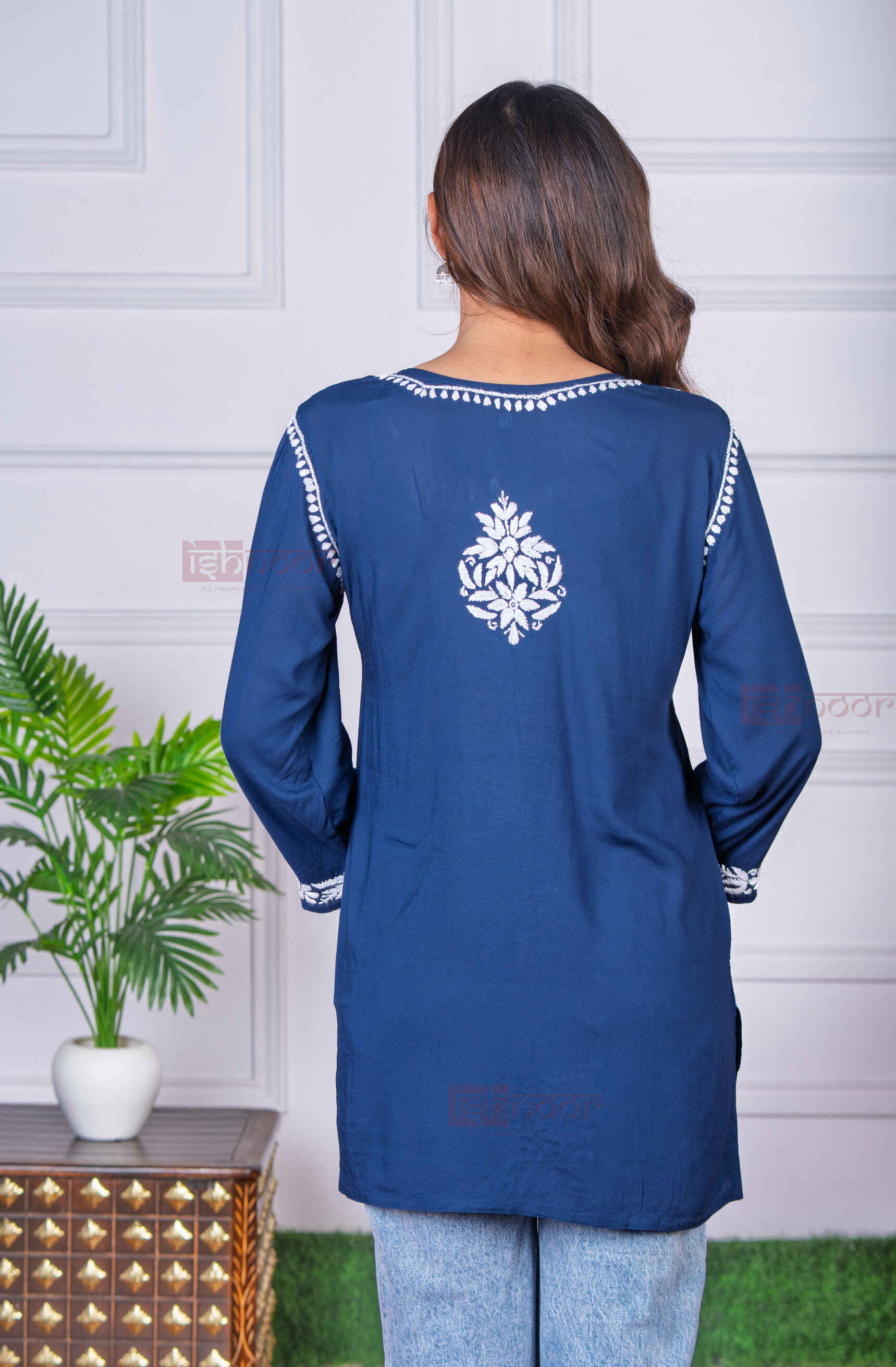 Aayat Modal Short Chikankari Kurti - navy-blue