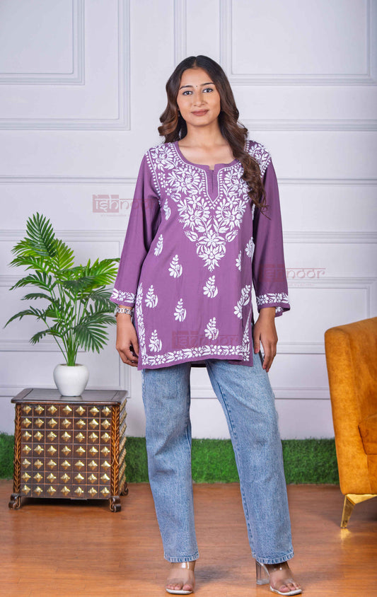 Aayat Modal Short Chikankari Kurti - orchid-purple