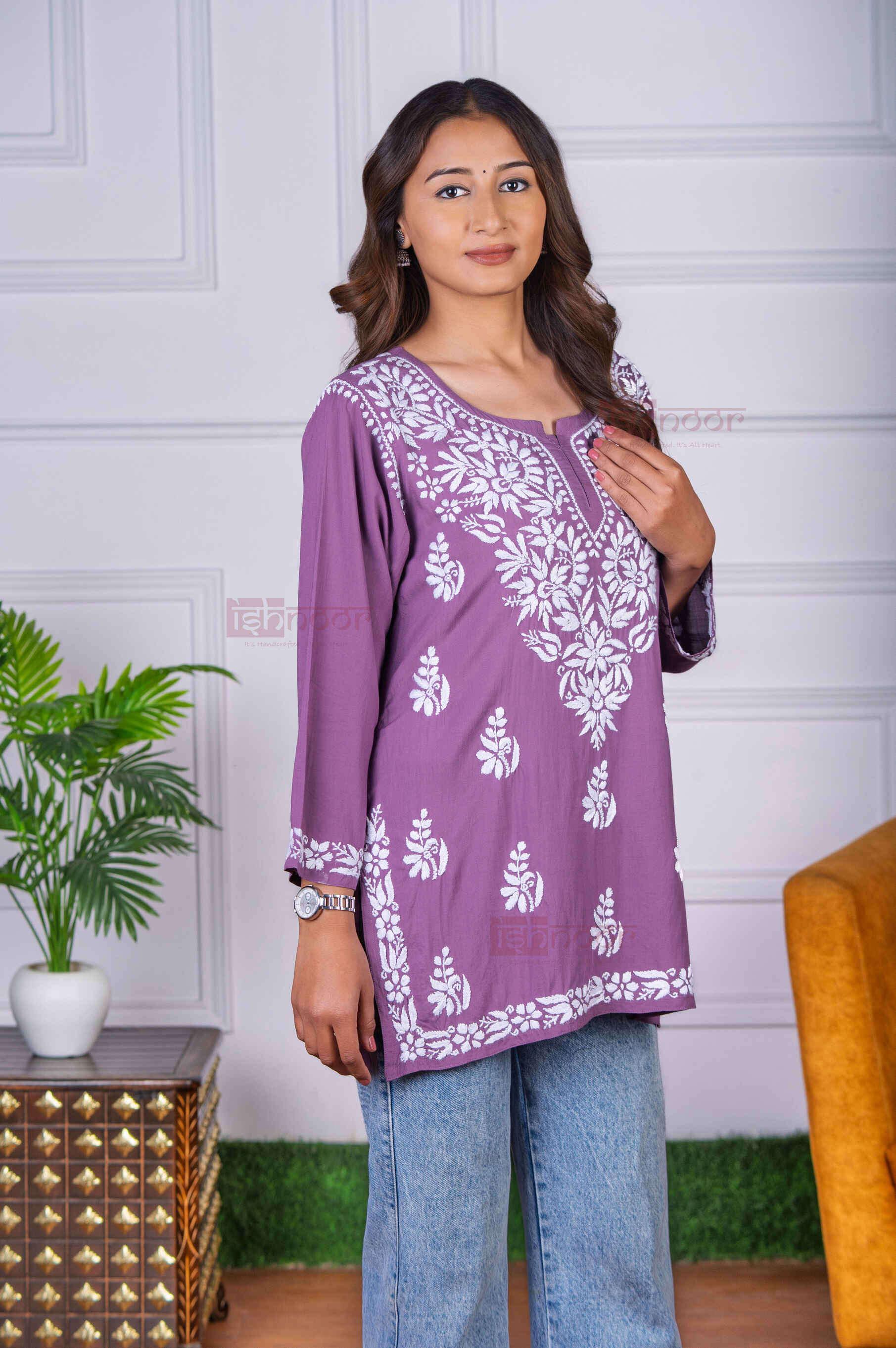 Aayat Modal Short Chikankari Kurti - orchid-purple