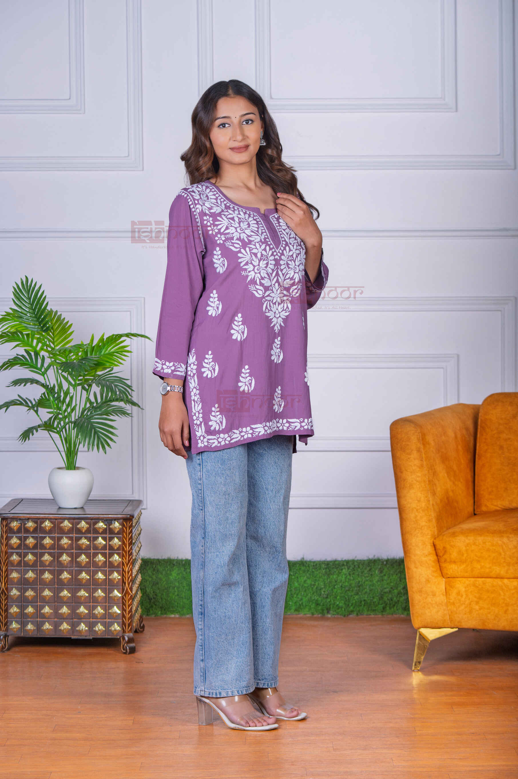Aayat Modal Short Chikankari Kurti - orchid-purple