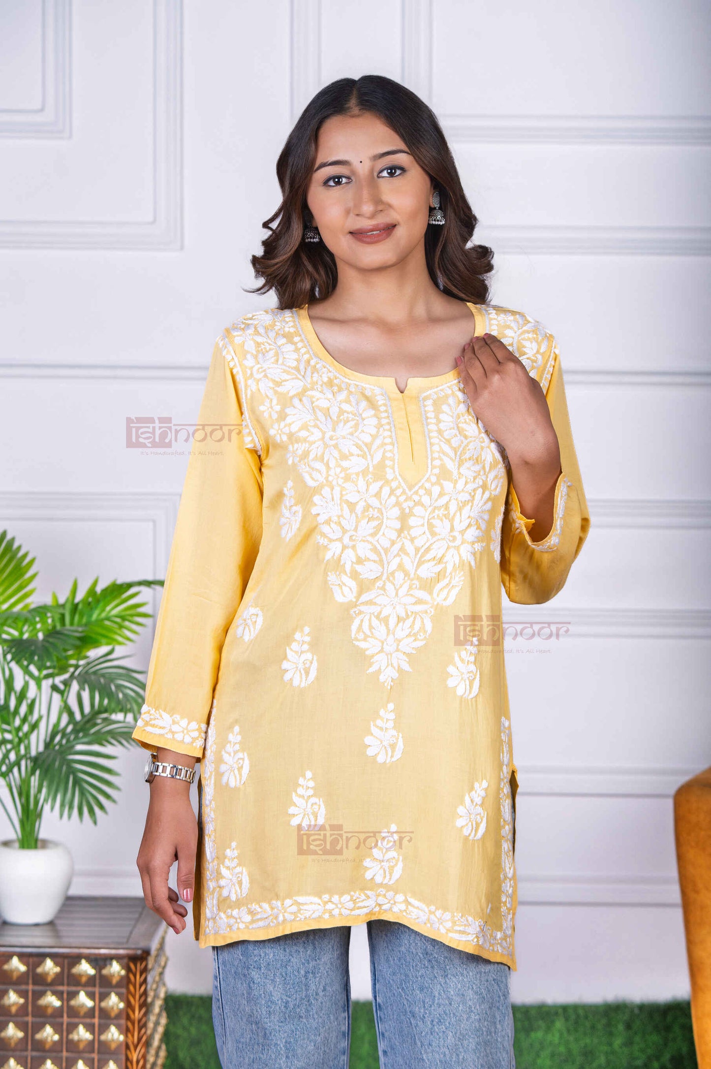 Aayat Modal Short Chikankari Kurti - butter-yellow