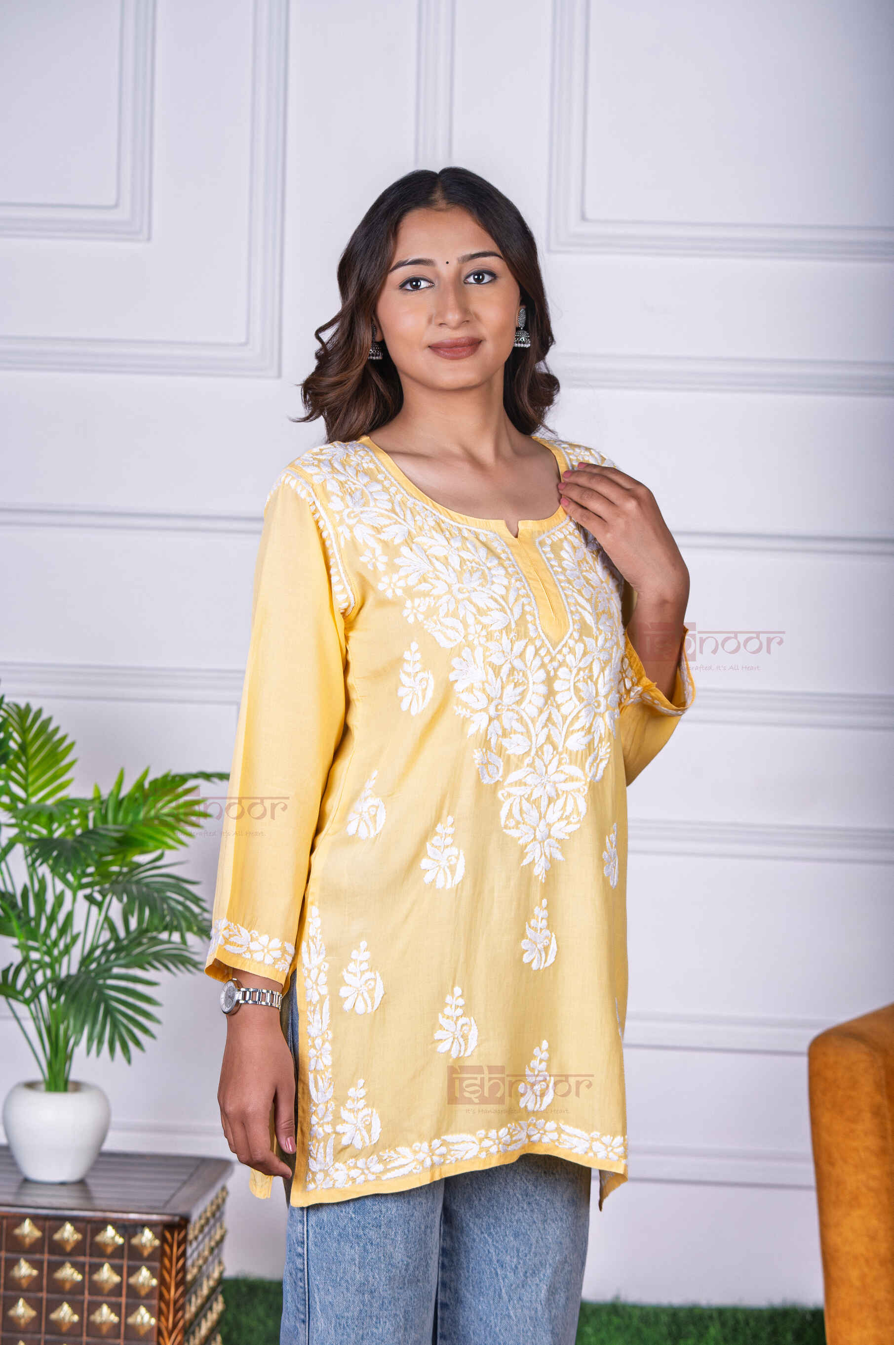 Aayat Modal Short Chikankari Kurti - butter-yellow