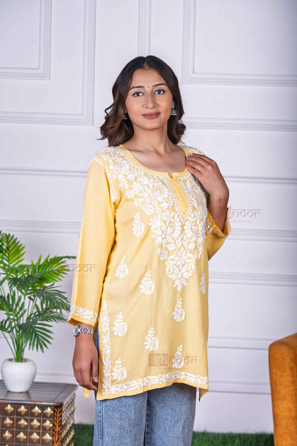 Aayat Modal Short Chikankari Kurti - butter-yellow