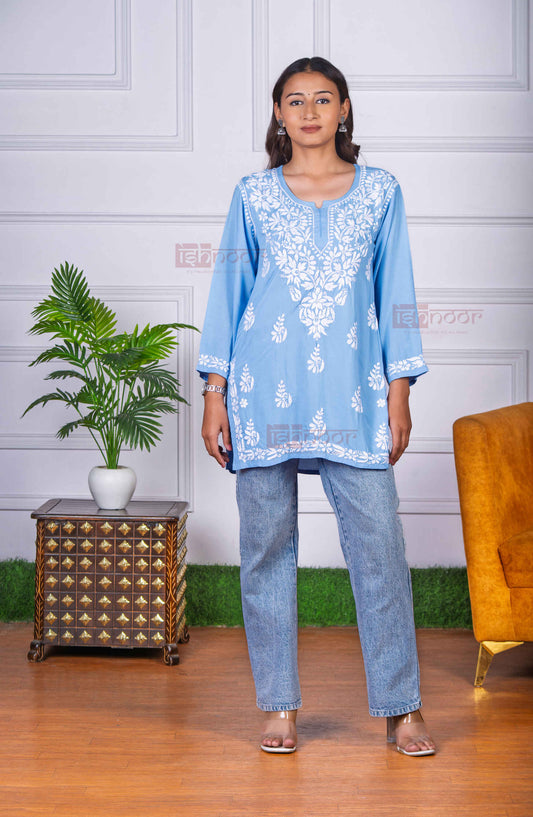 Aayat Modal Short Chikankari Kurti - powder-blue