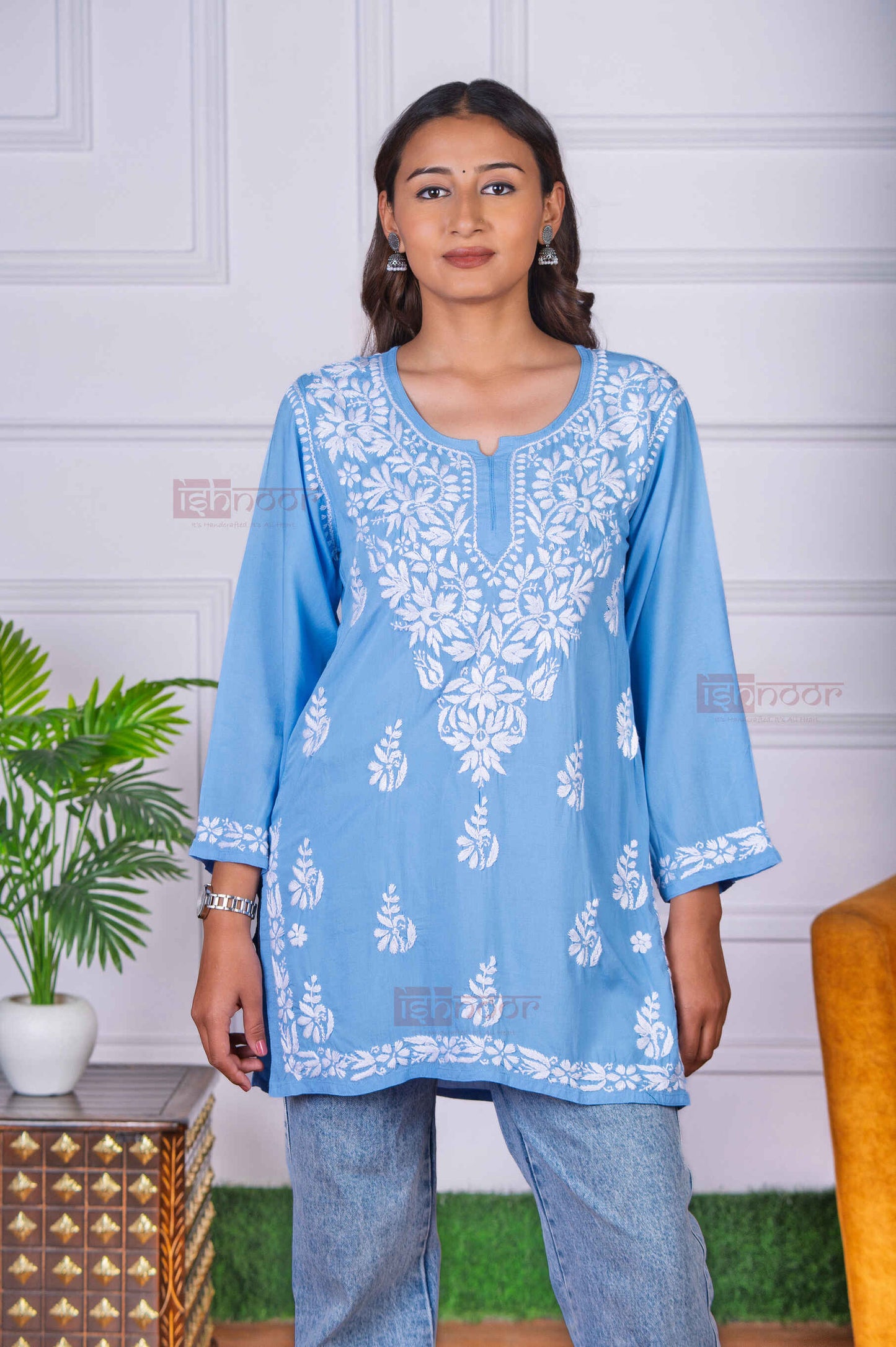 Aayat Modal Short Chikankari Kurti - powder-blue