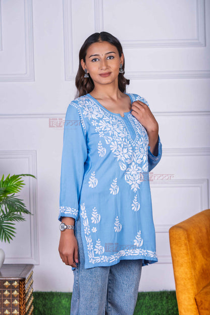 Aayat Modal Short Chikankari Kurti - powder-blue