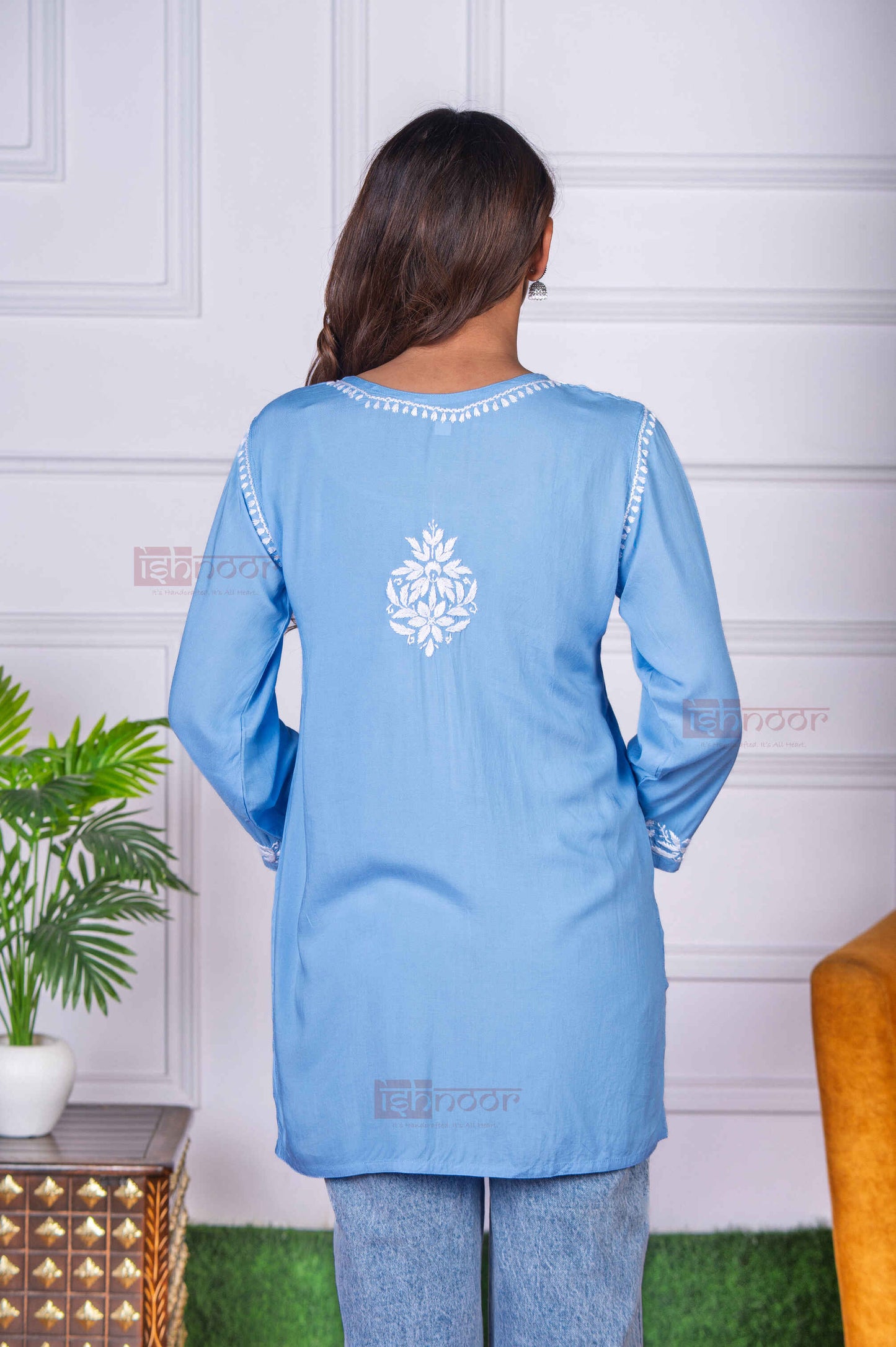 Aayat Modal Short Chikankari Kurti - powder-blue