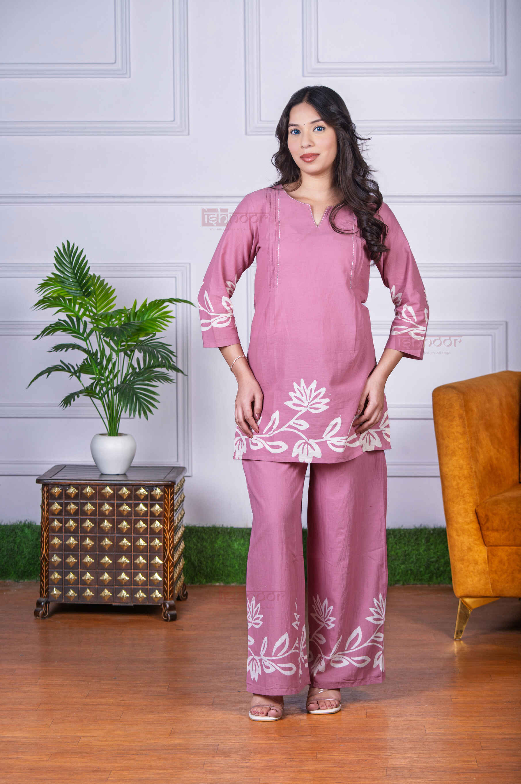 Saanjh Hand Block Pure Cotton Co-ord Set - blush-pink