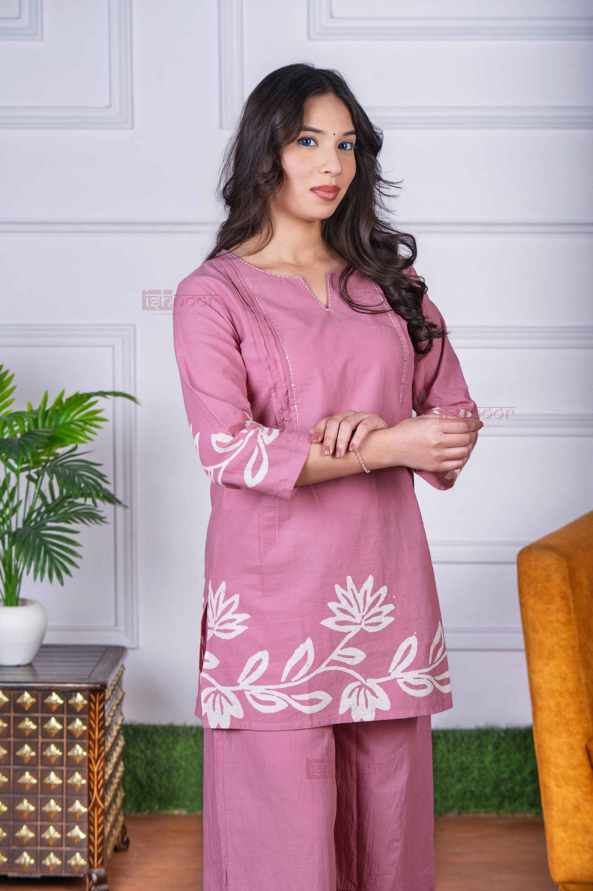 Saanjh Hand Block Pure Cotton Co-ord Set - blush-pink