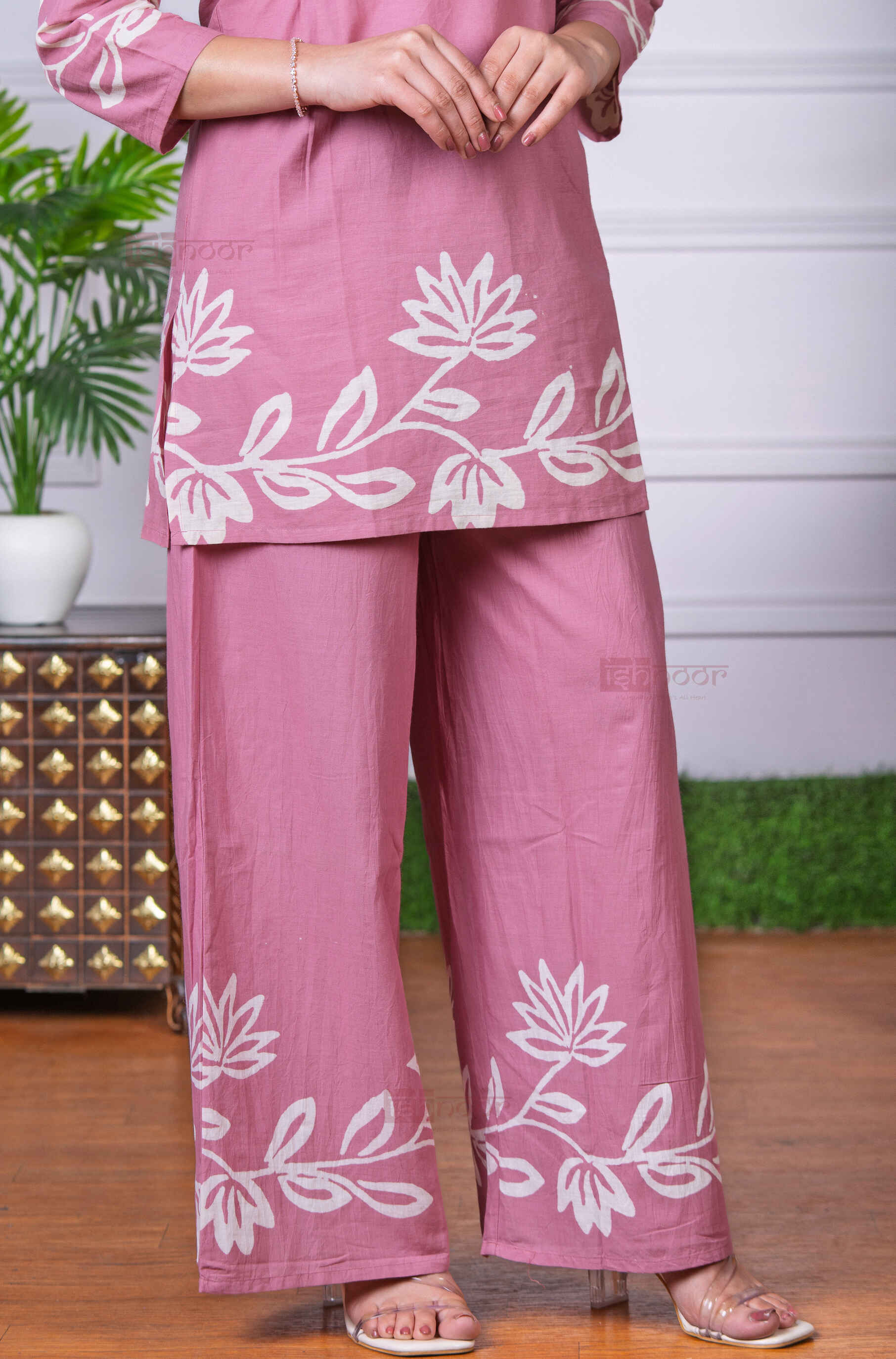 Saanjh Hand Block Pure Cotton Co-ord Set - blush-pink