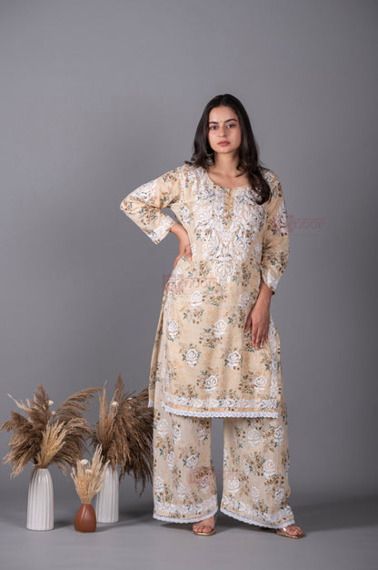 Meher Mul Cotton Chikankari Kurta Palazzo Set - cream