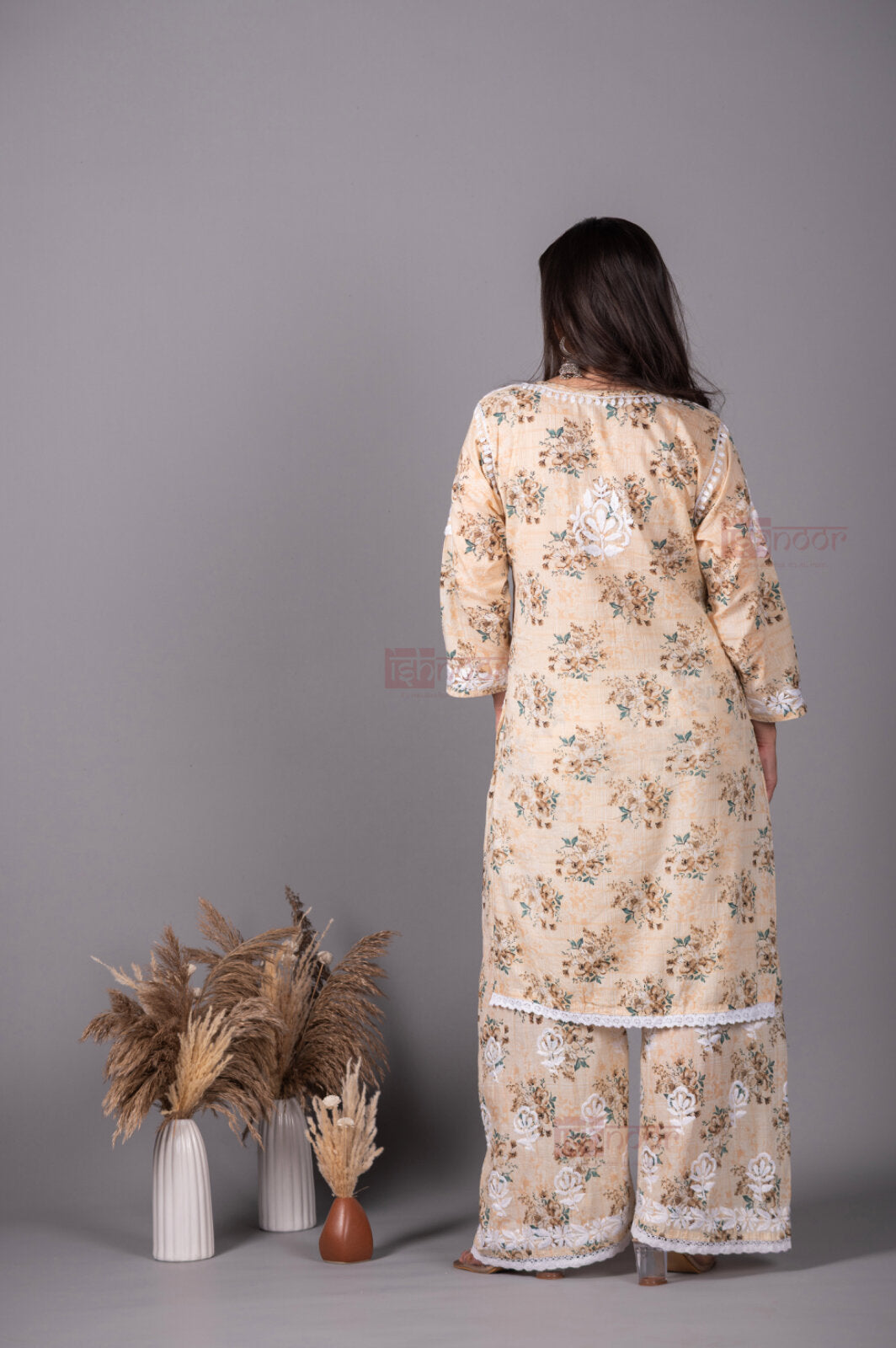 Meher Mul Cotton Chikankari Kurta Palazzo Set - cream