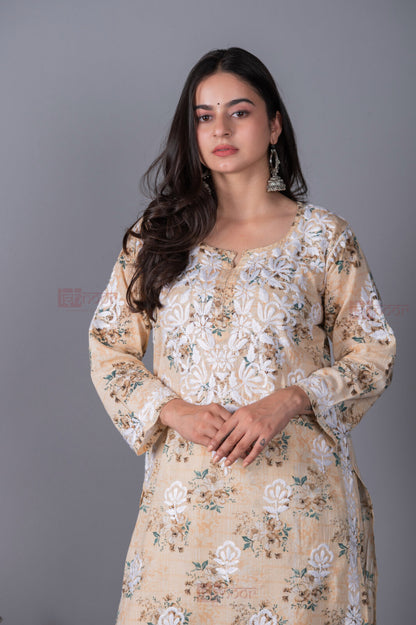 Meher Mul Cotton Chikankari Kurta Palazzo Set - cream