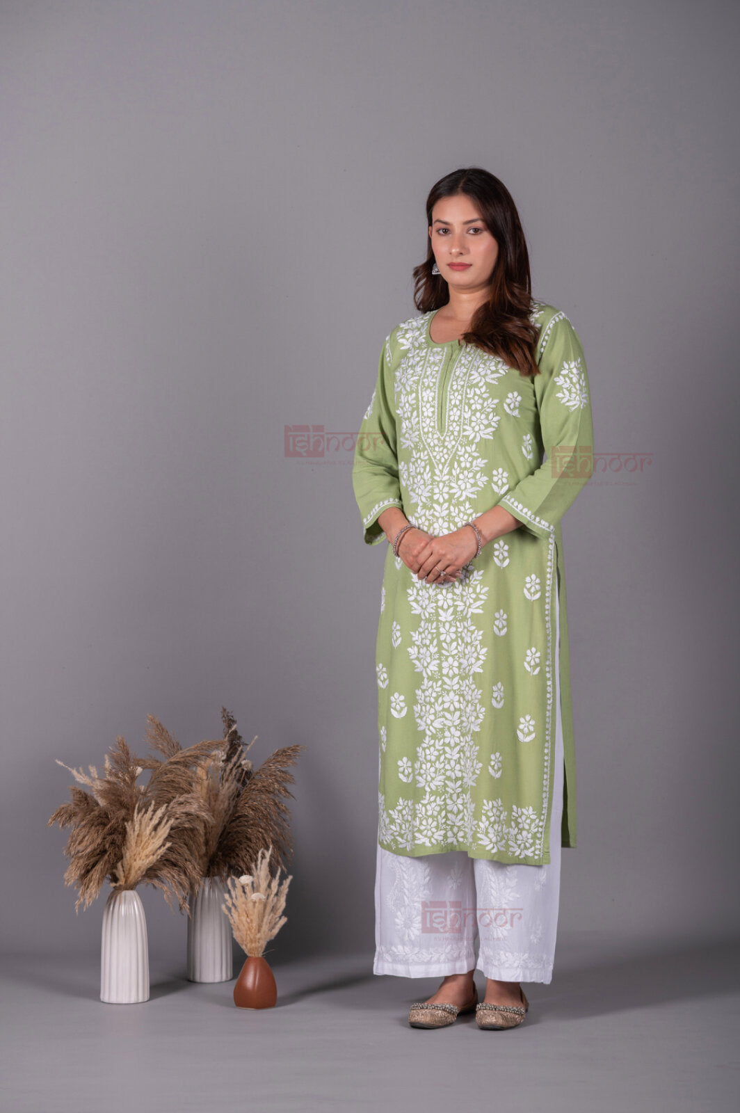 Meher Rayon Long Chikankari Kurti - pistachio-green