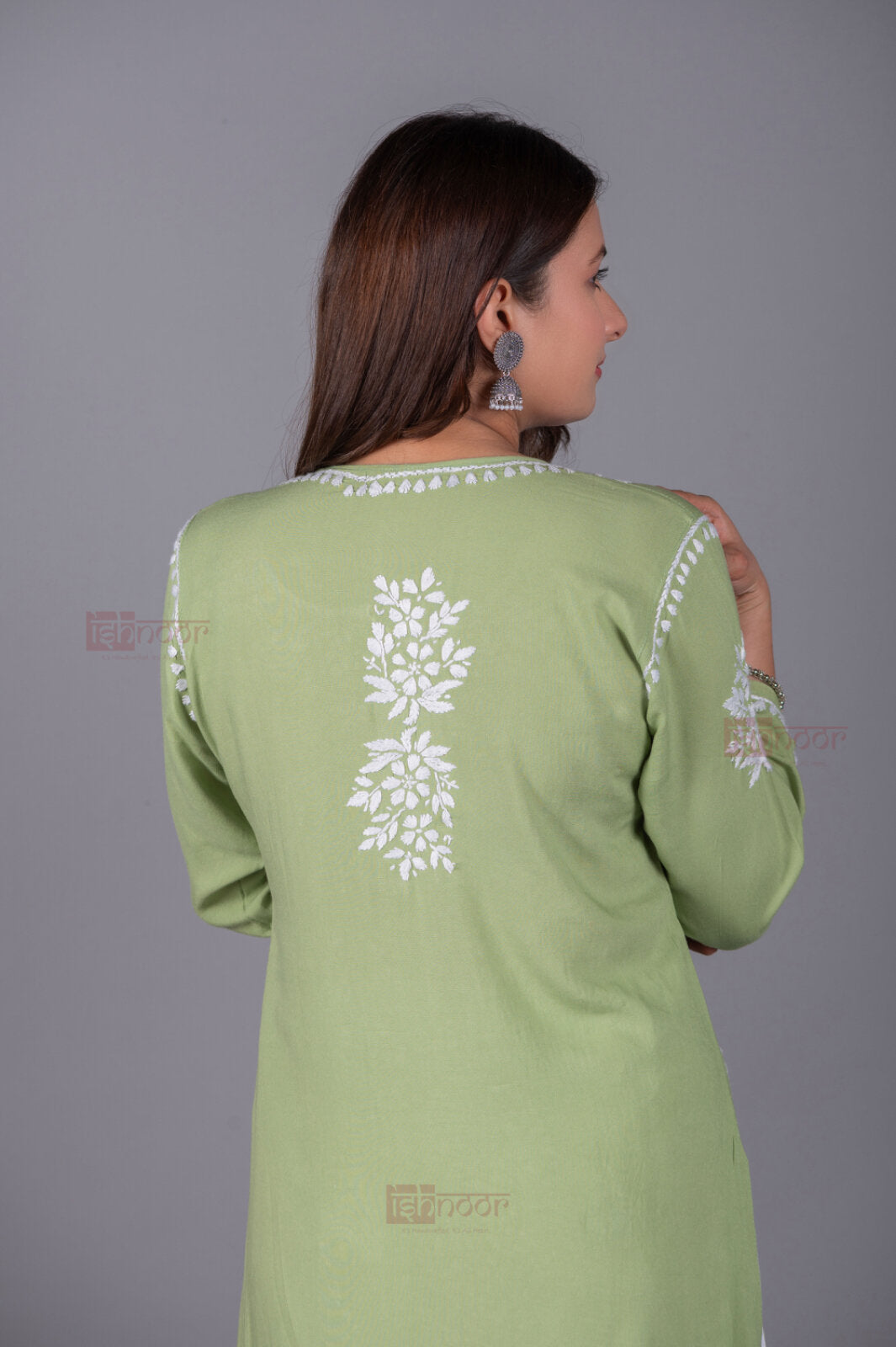 Meher Rayon Long Chikankari Kurti - pistachio-green
