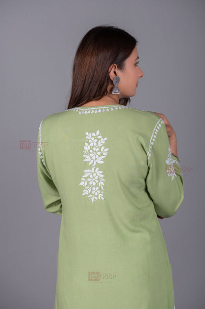 Meher Rayon Long Chikankari Kurti - pistachio-green